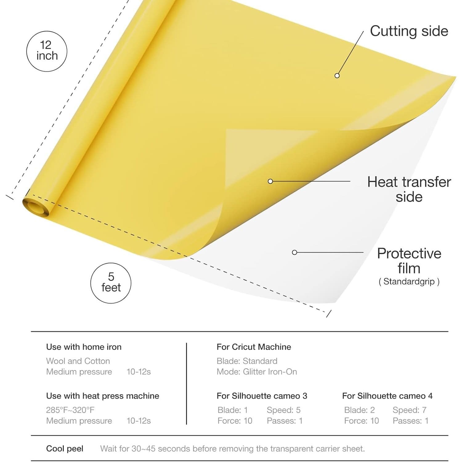 Yellow HTV Vinyl Roll 12"x 20FT Heat Transfer Iron On Easy Weed Shirts - Thumbnail 3
