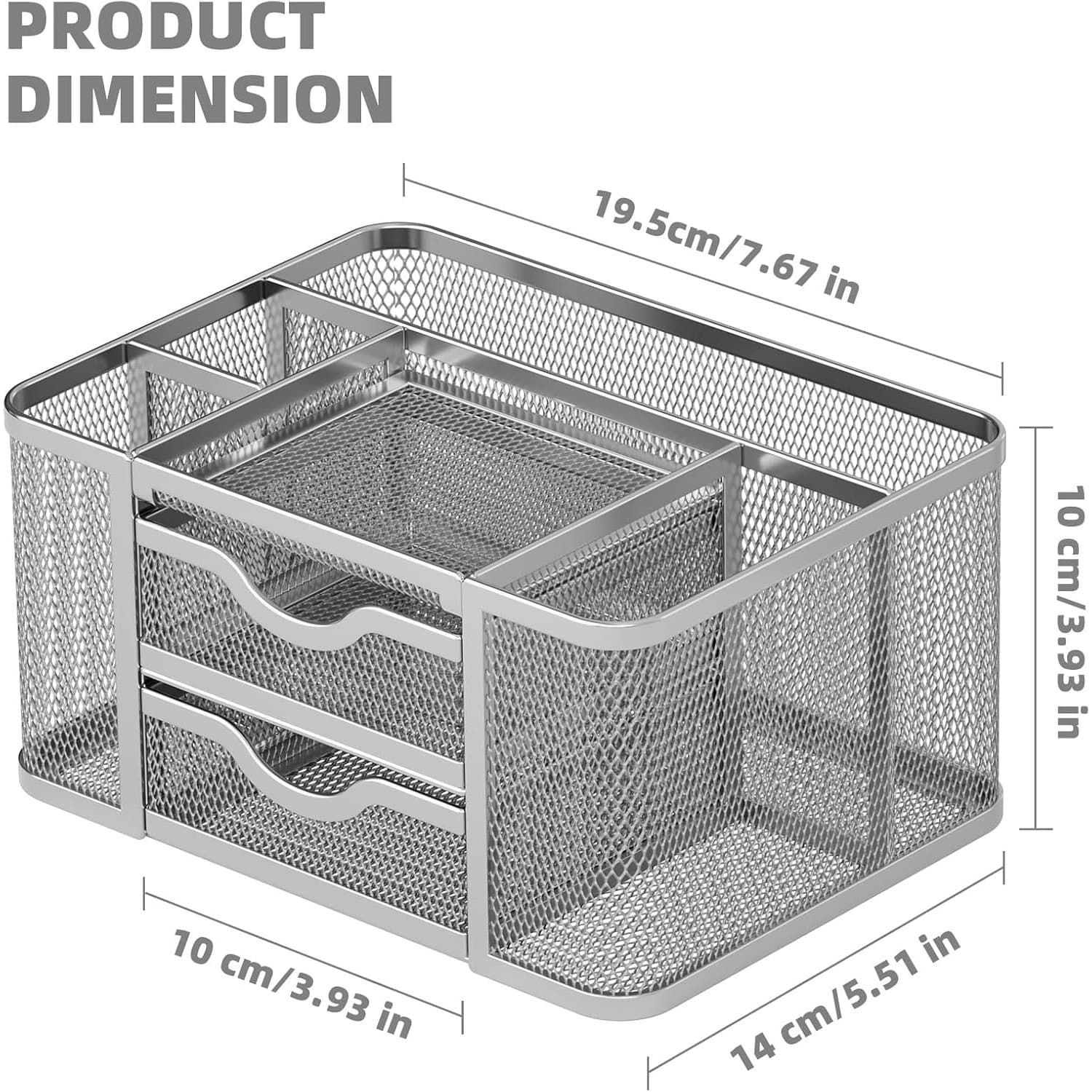 Desk Organizer Mesh 2 Drawers Pen Holder 5 Slots Office Storage Silver - Thumbnail 5