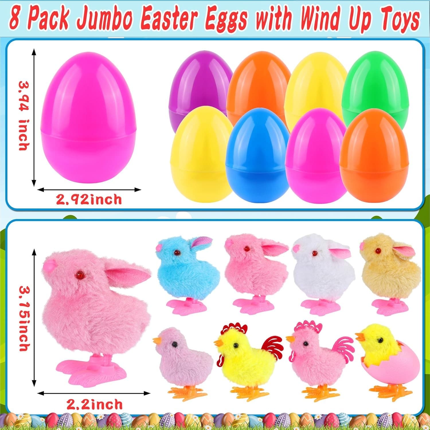 8 Pack Jumbo Easter Eggs with Wind Up Toys Chicks & Bunny Plush Kids Favors - Thumbnail 3