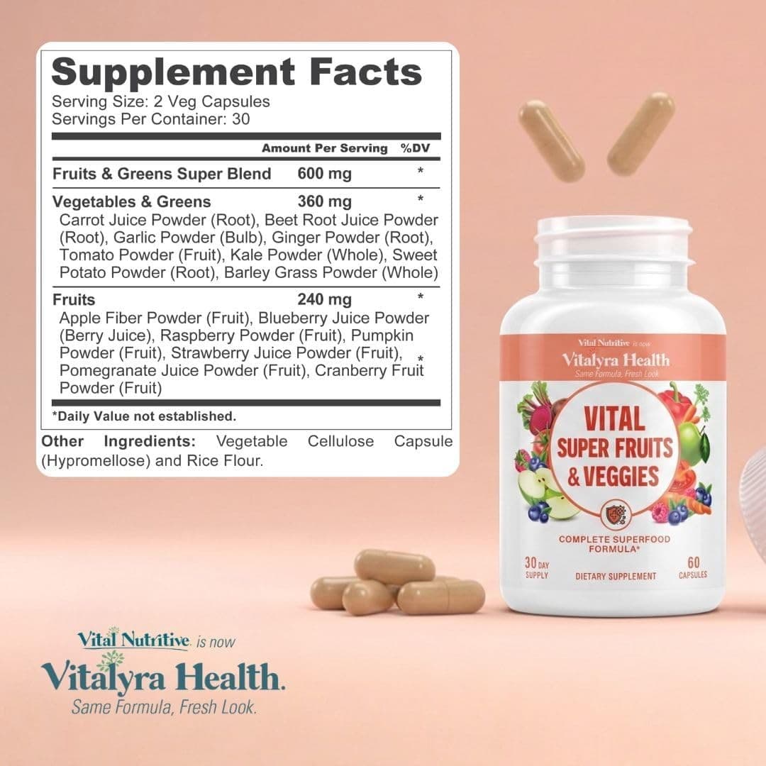 Vital Super Fruits & Veggies Capsules Daily Superfood 60 Vegan Non GMO Adults - Thumbnail 3