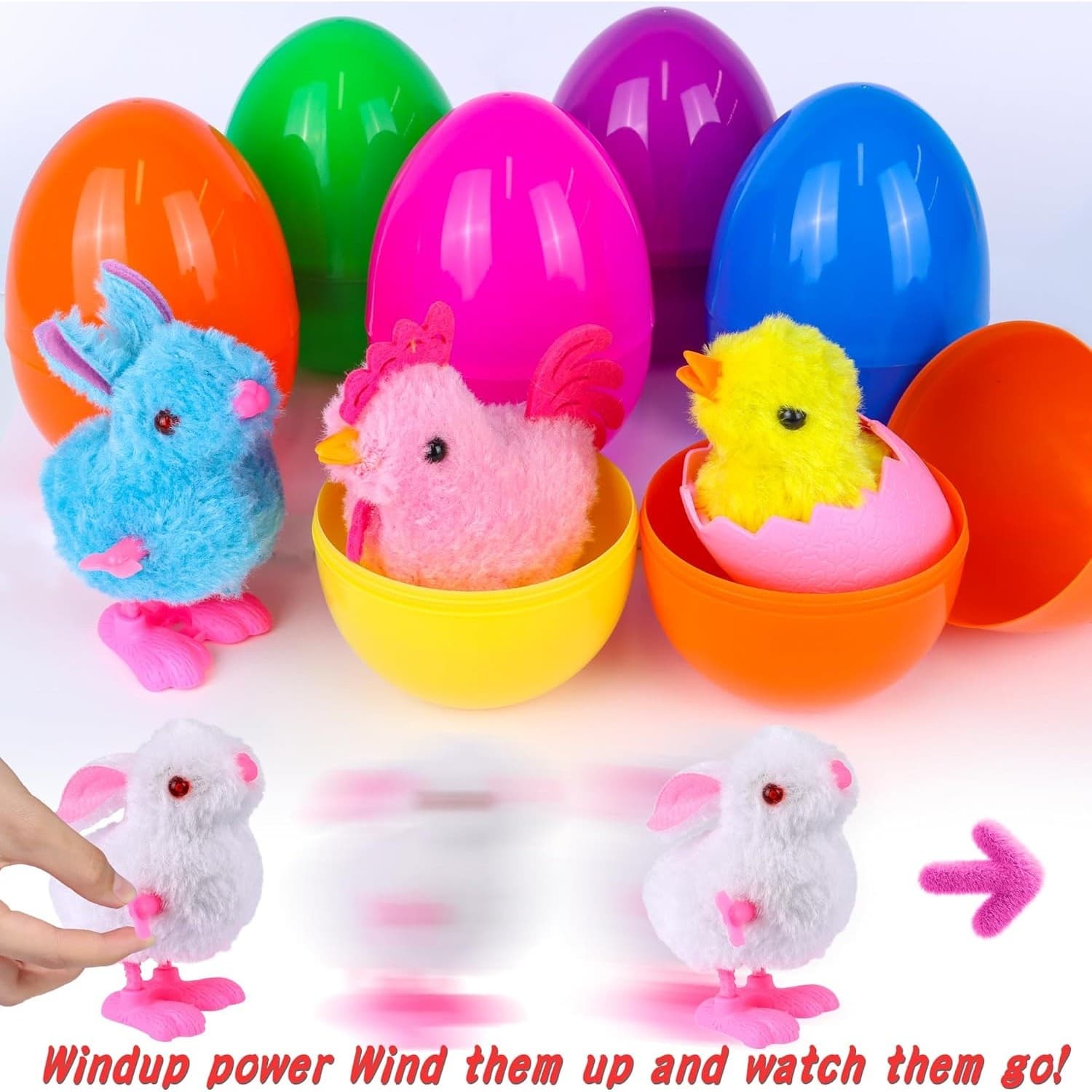8 Pack Jumbo Easter Eggs with Wind Up Toys Chicks & Bunny Plush Kids Favors - Thumbnail 7