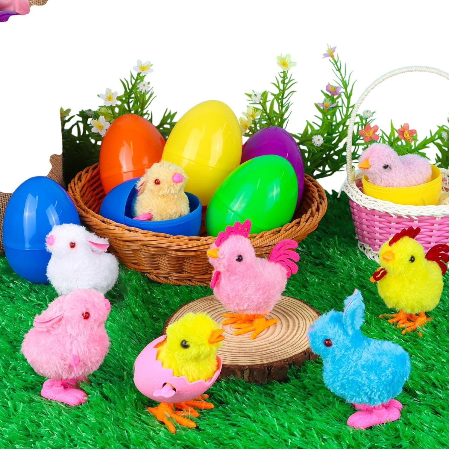 8 Pack Jumbo Easter Eggs with Wind Up Toys Chicks & Bunny Plush Kids Favors - Thumbnail 4