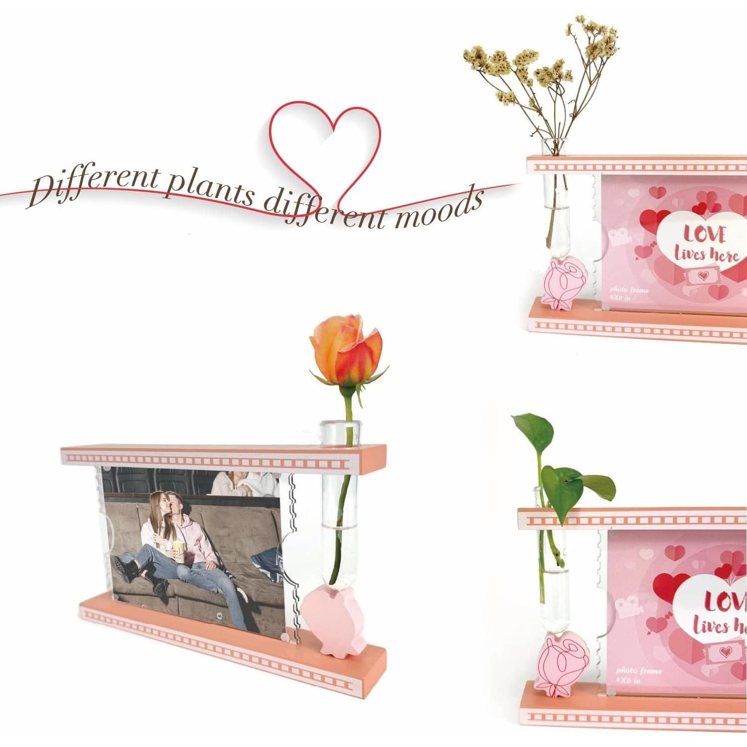 Valentine’s Day Picture Frame with Glass Vase – 4x6 Pink Floral Wood Frame Gift - Thumbnail 3