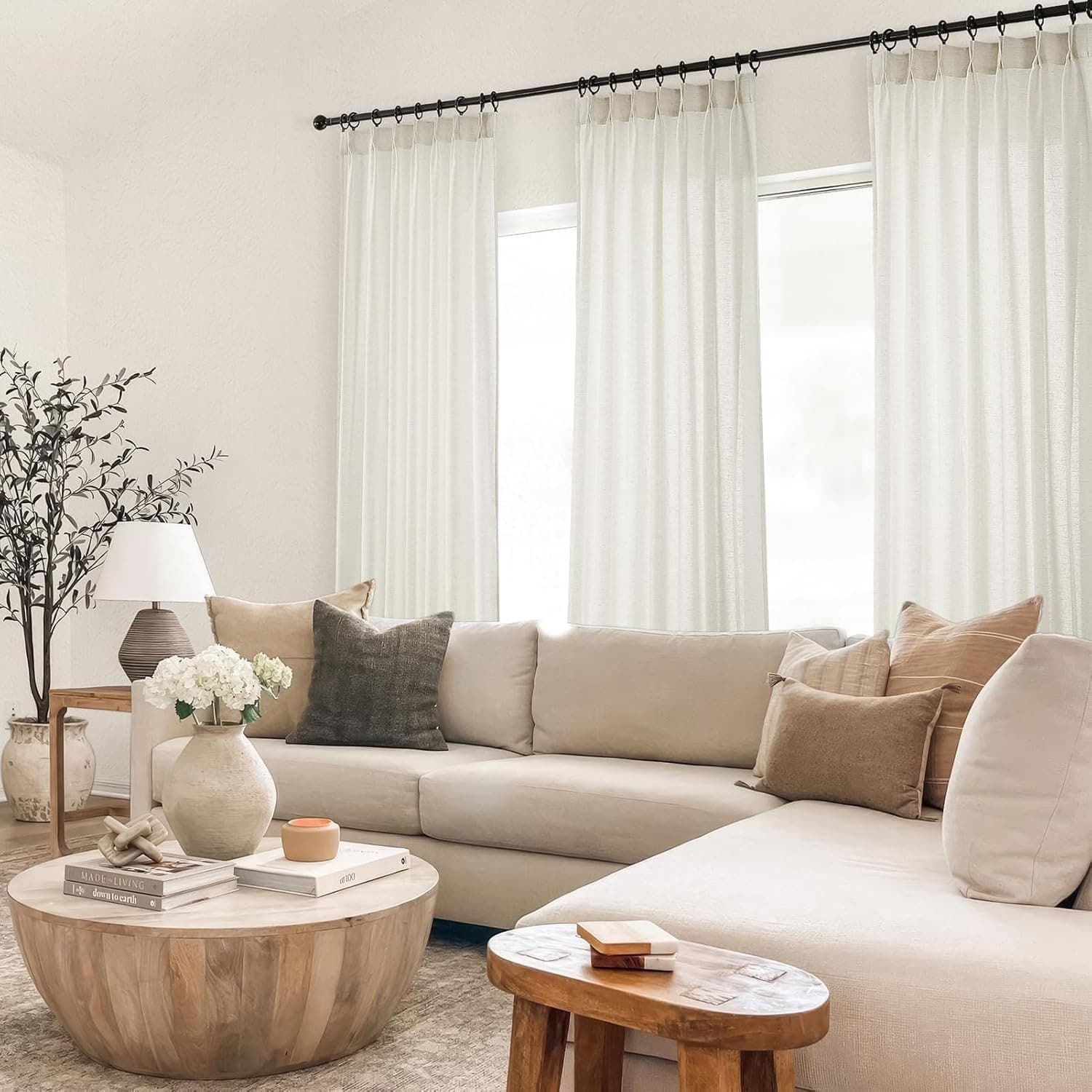 Pinch Pleated Curtains 40x90 Natural Cream Semi Sheer Linen Look 2 Panels - Thumbnail 4
