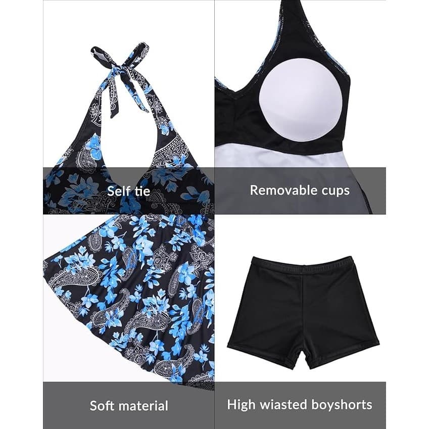 Women Tankini Swimsuit 2 Piece Halter V Neck Swim Dress w Shorts Black M - Thumbnail 5