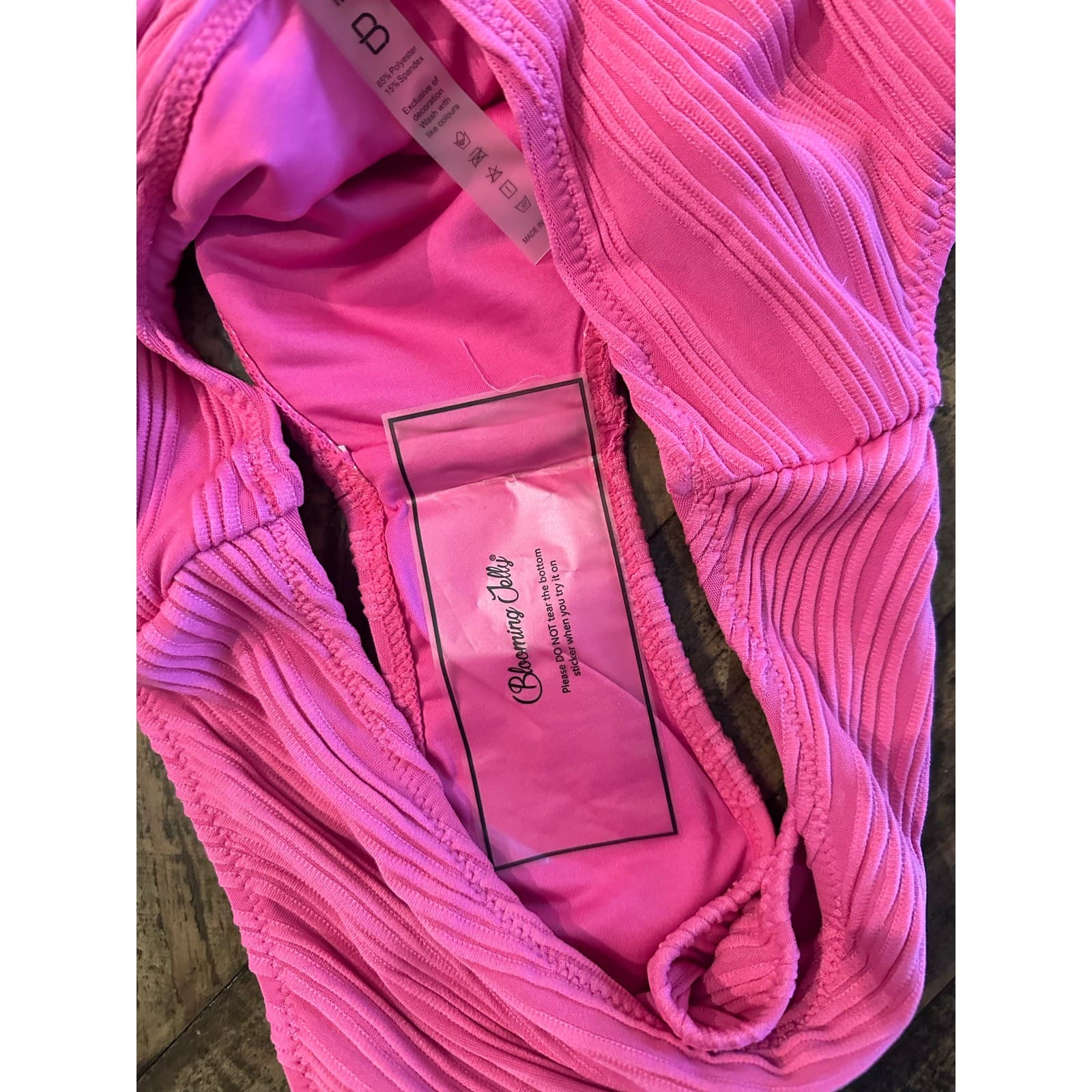 Hot Pink Bandeau Bikini Set Textured Strapless Cheeky High Cut Swimsuit M - Thumbnail 9