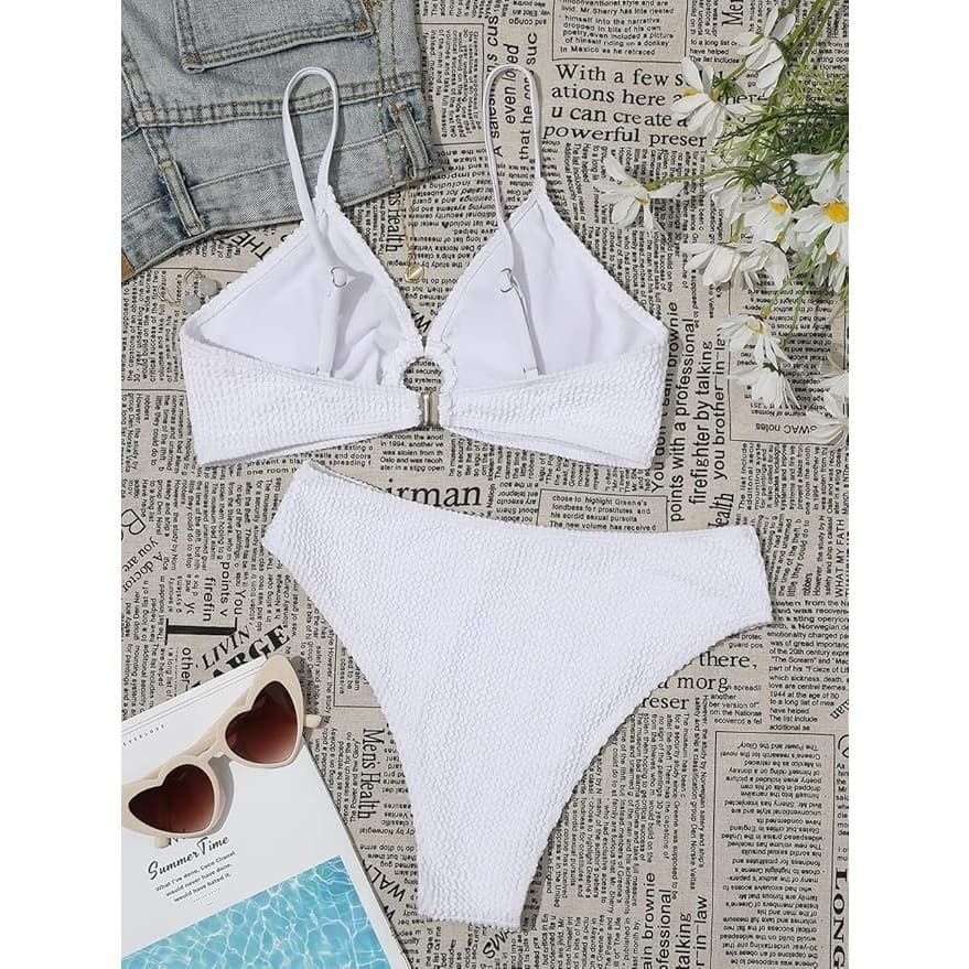 Women Ribbed Bikini Set O Ring Two Piece Swimsuit Beach White Size L - Thumbnail 5