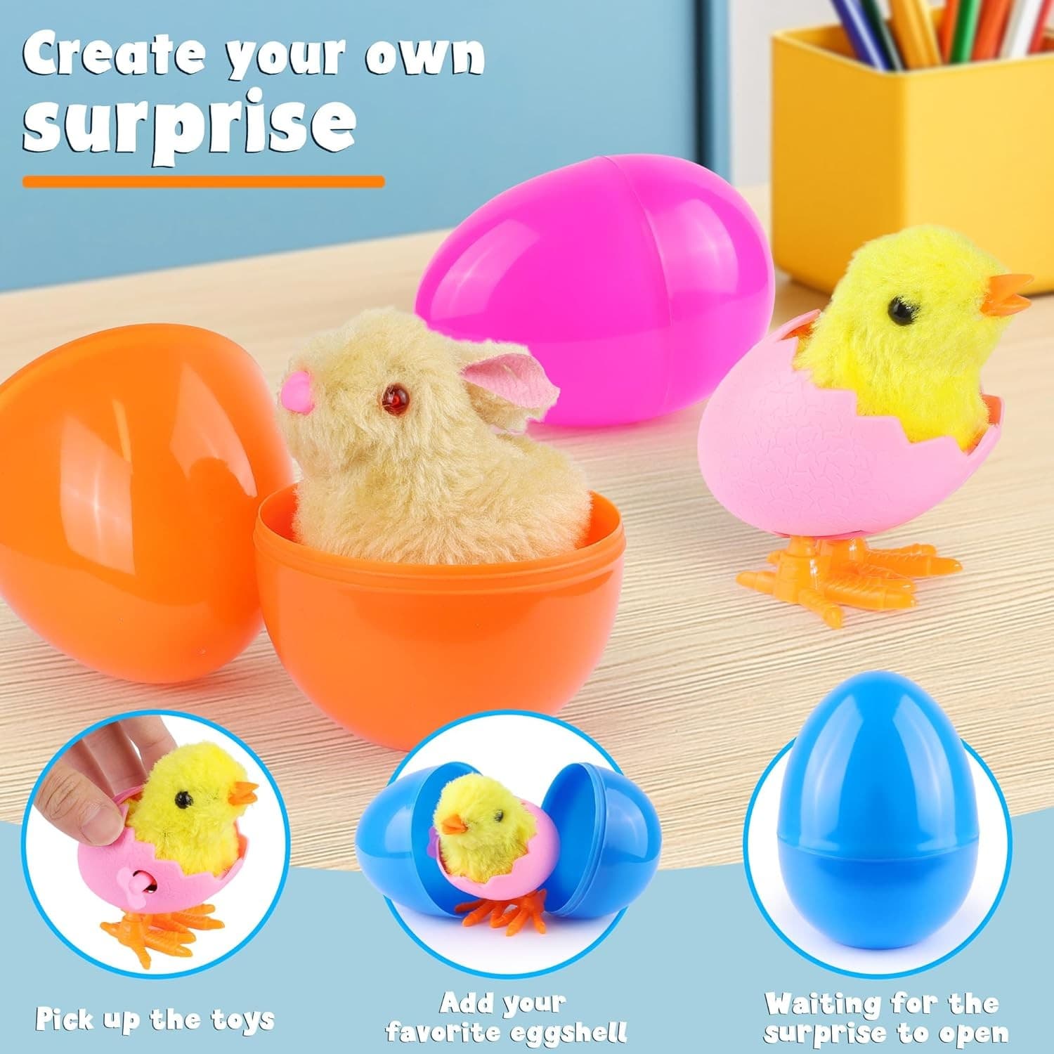 8 Pack Jumbo Easter Eggs with Wind Up Toys Chicks & Bunny Plush Kids Favors - Thumbnail 5