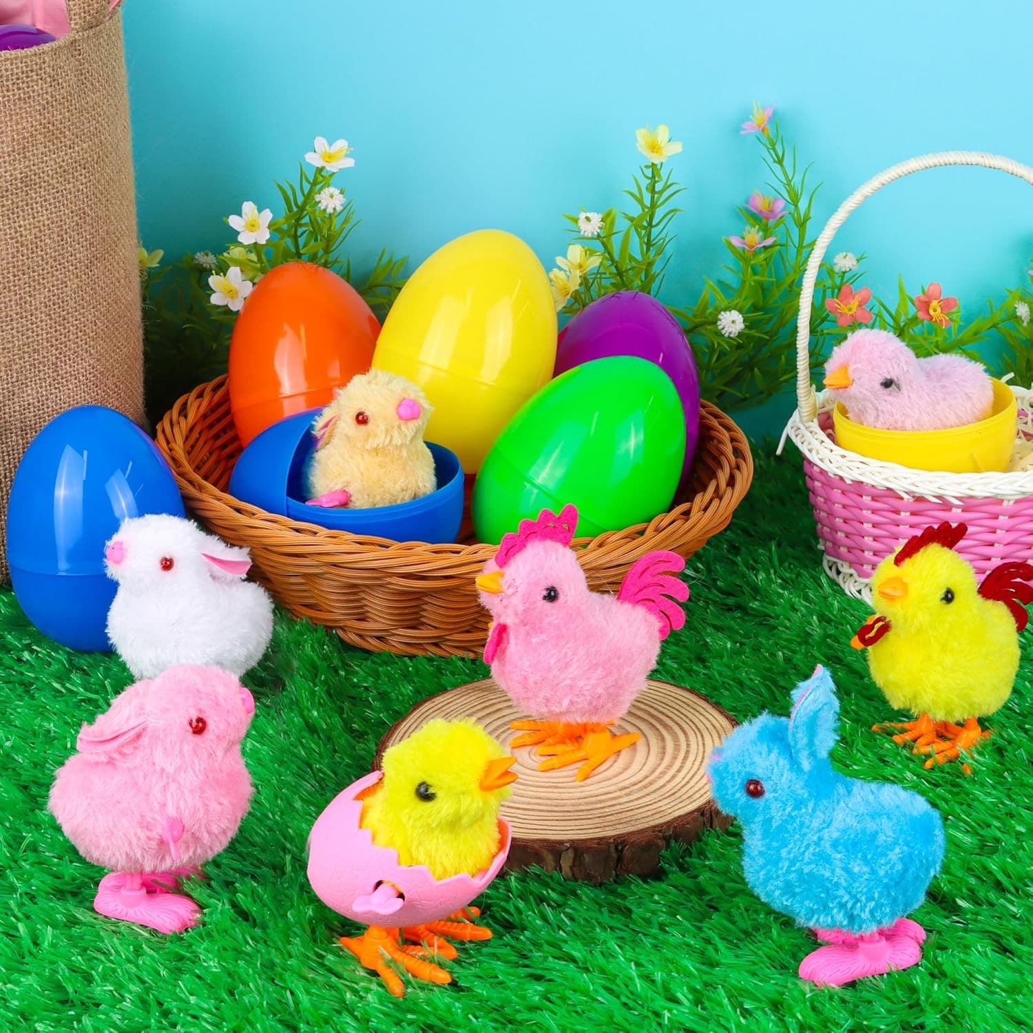 8 Pack Jumbo Easter Eggs with Wind Up Toys Chicks & Bunny Plush Kids Favors - Thumbnail 2