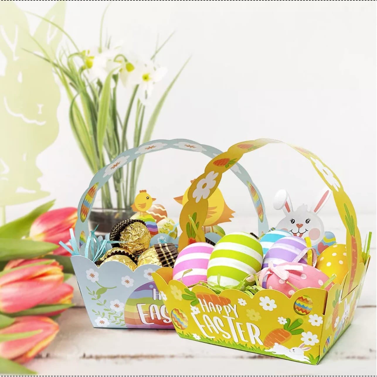 12pcs Easter Treat Boxes Paper Baskets w/ Handle Kids Egg Hunt Party Favors - Thumbnail 3