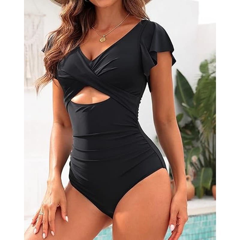 Women One Piece Swimsuit Tummy Control Ruffle Sleeve Slimming Bathing Suit XXL - Thumbnail 5