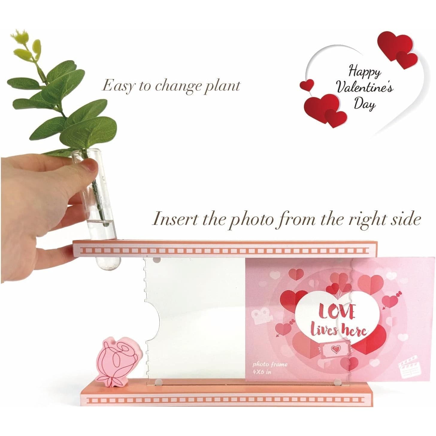 Valentine’s Day Picture Frame with Glass Vase – 4x6 Pink Floral Wood Frame Gift - Thumbnail 2