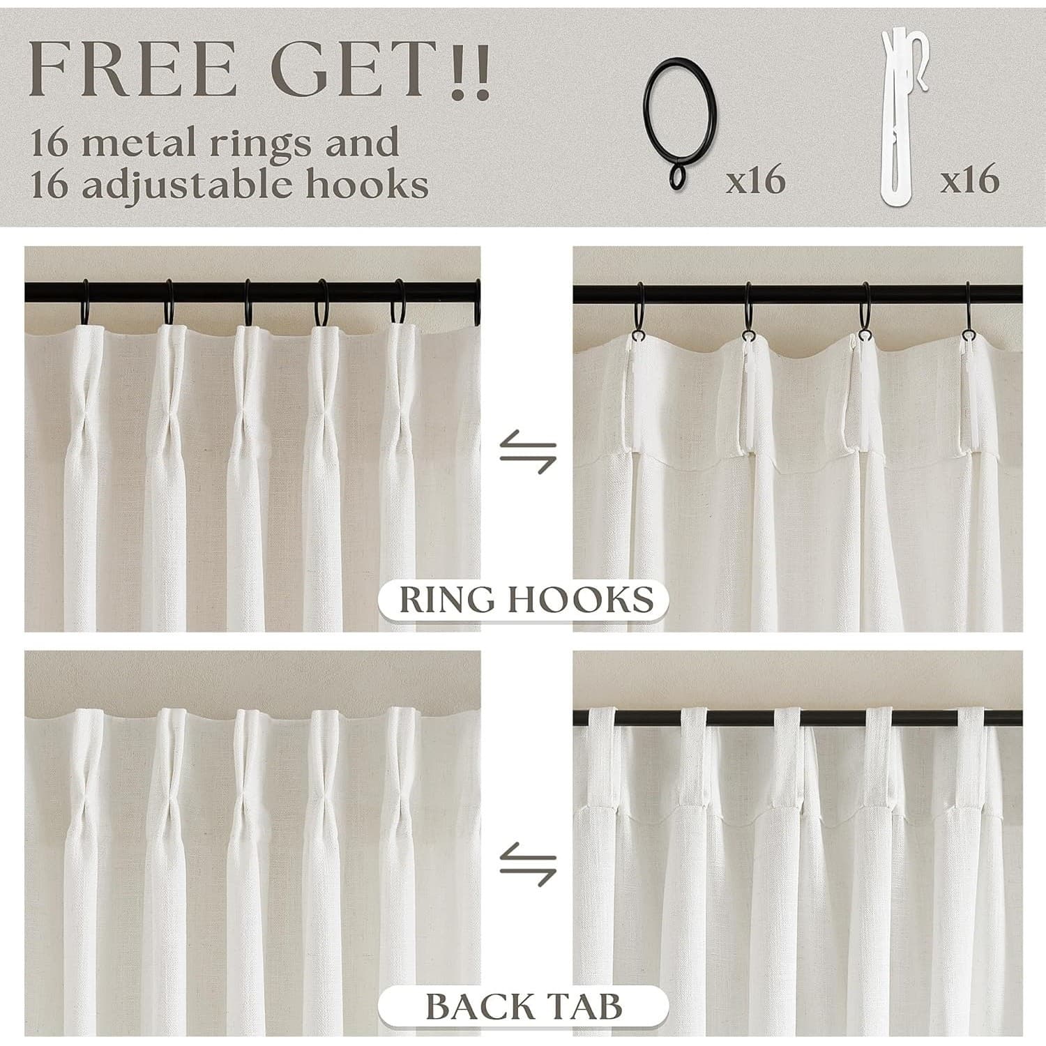 TWODRAPES 92x40 Linen Pinch Pleat Curtains Natural Light Filtering 2 Panels - Thumbnail 2