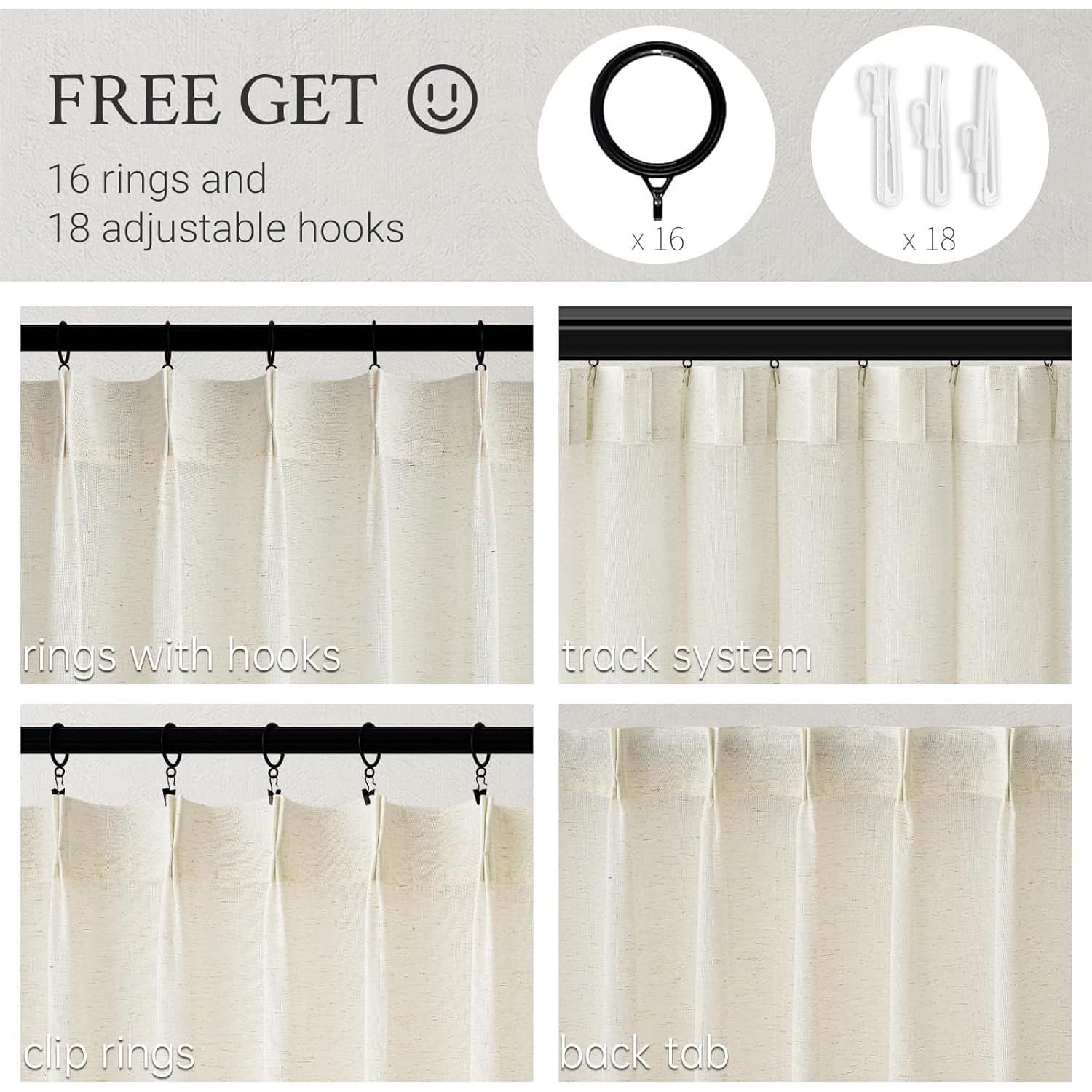 Pinch Pleated Curtains 40x90 Natural Cream Semi Sheer Linen Look 2 Panels - Thumbnail 2