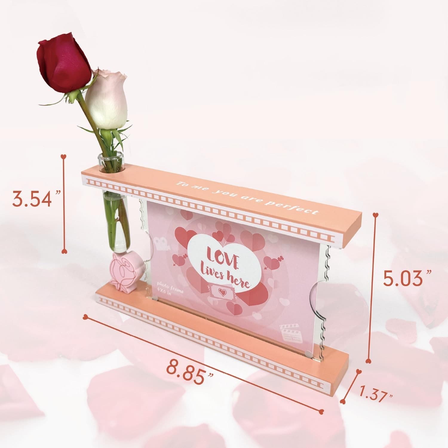 Valentine’s Day Picture Frame with Glass Vase – 4x6 Pink Floral Wood Frame Gift - Thumbnail 6