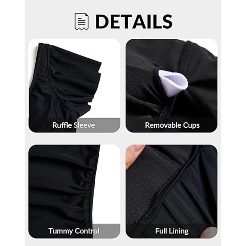 Women One Piece Swimsuit Tummy Control Ruffle Sleeve Slimming Bathing Suit XXL - Thumbnail 4