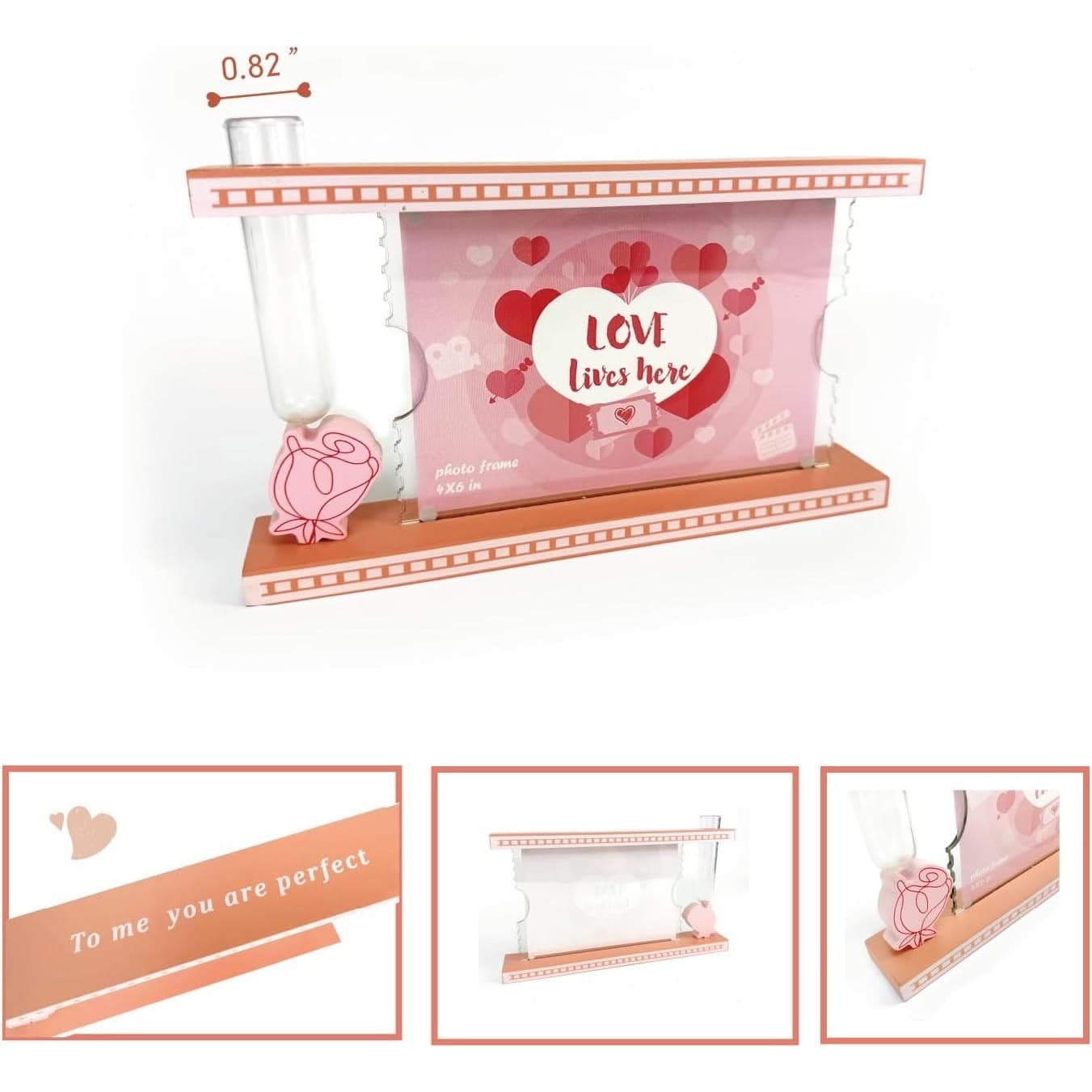 Valentine’s Day Picture Frame with Glass Vase – 4x6 Pink Floral Wood Frame Gift - Thumbnail 5