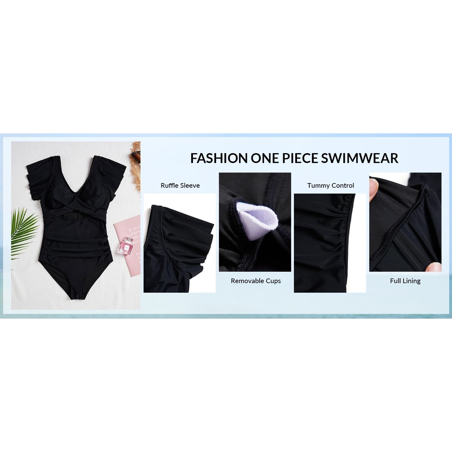 Women One Piece Swimsuit Tummy Control Ruffle Sleeve Slimming Bathing Suit XXL - Thumbnail 8