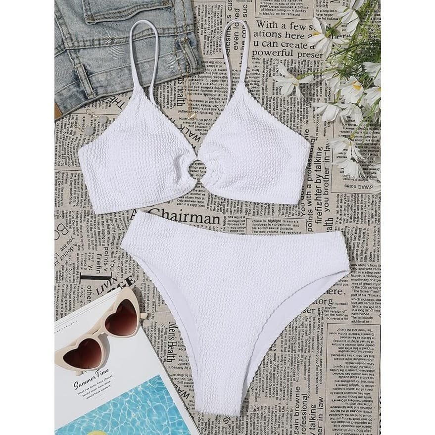 Women Ribbed Bikini Set O Ring Two Piece Swimsuit Beach White Size L - Thumbnail 7