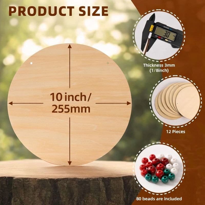 12 Pack 10 Inch Wood Circles for Crafts, 1/8" Basswood Plywood Sheets with Holes - Thumbnail 2