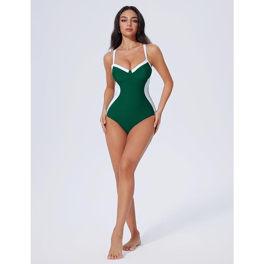 Green Tummy Control One Piece Swimsuit Crisscross Back Push Up Size L - Thumbnail 2