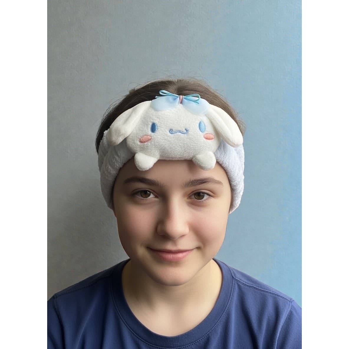 Kawaii Plush Headband for Skincare | Soft Blue Makeup Spa Shower Hair Band - Thumbnail 2