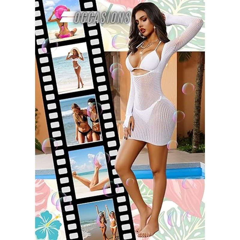 Women Fishnet Swim Cover Up Mini Dress Sheer Beach Long Sleeve White - Thumbnail 6