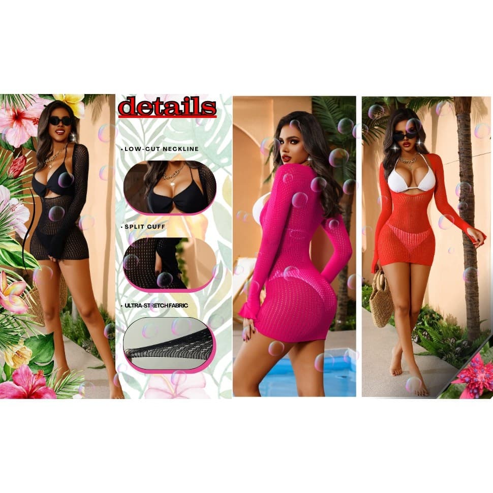 Women Fishnet Swim Cover Up Mini Dress Sheer Beach Long Sleeve White - Thumbnail 8