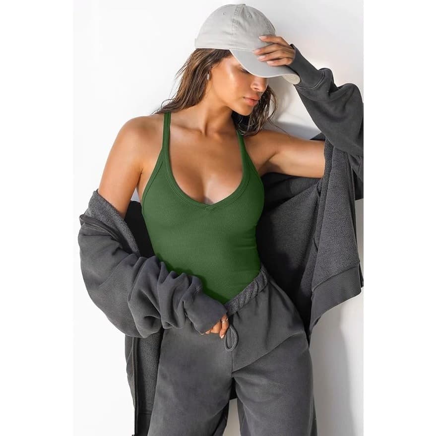 Women Ribbed V Neck Tank Top Army Green Stretch Fitted Cami Sleeveless M - Thumbnail 2