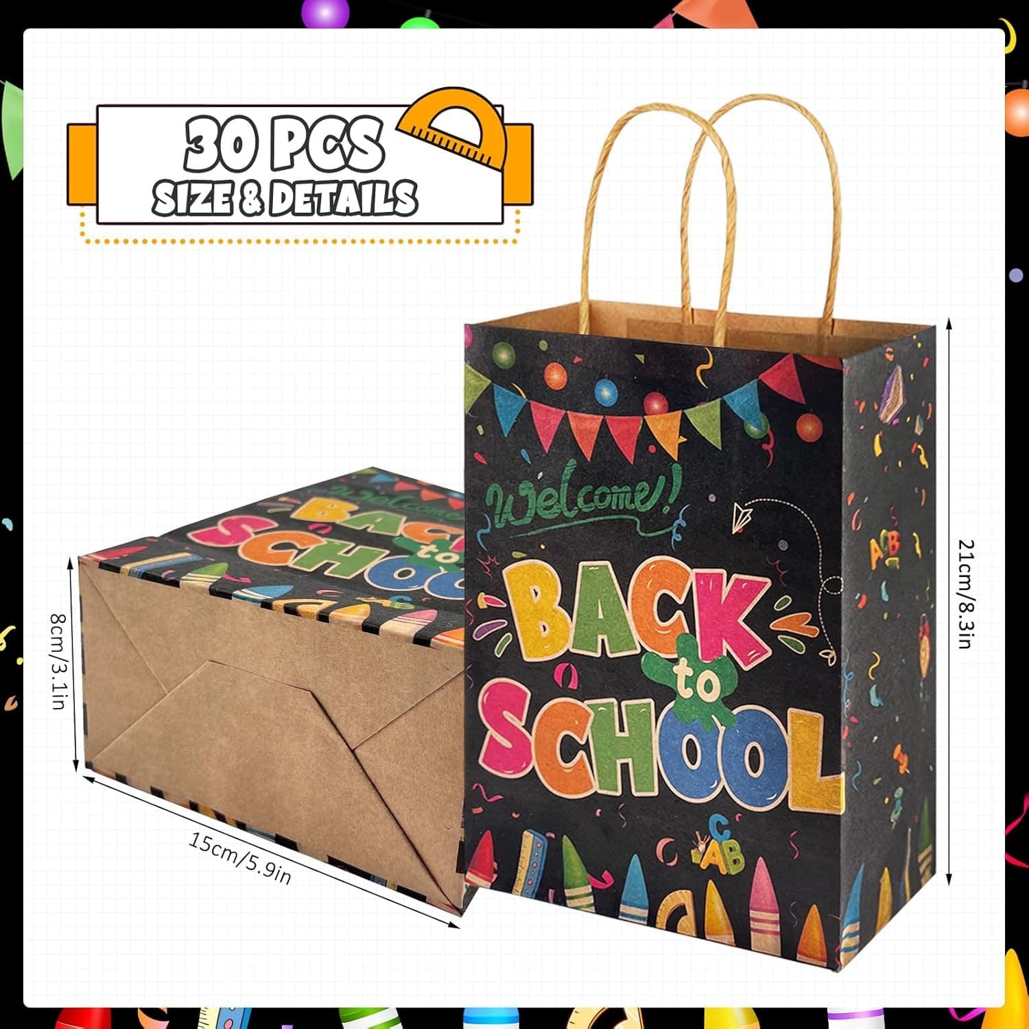 30 Back to School Gift Bags Kraft Paper Treat Bags with Handles Party Favors - Thumbnail 4