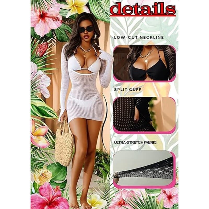 Women Fishnet Swim Cover Up Mini Dress Sheer Beach Long Sleeve White - Thumbnail 4