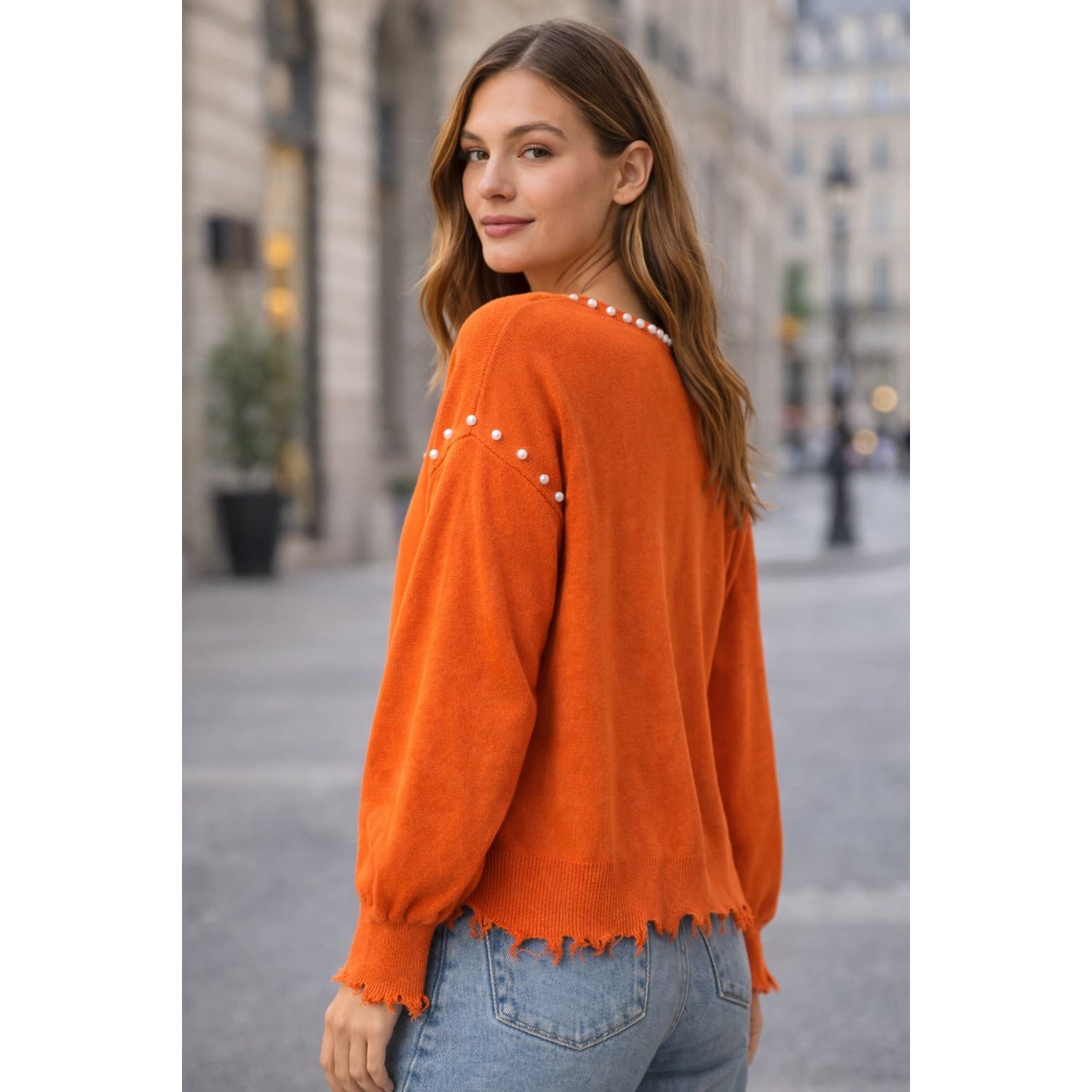 Orange Pearl Detail Trim Distressed Cardigan 100% Viscose Sweater Size XL - Thumbnail 3