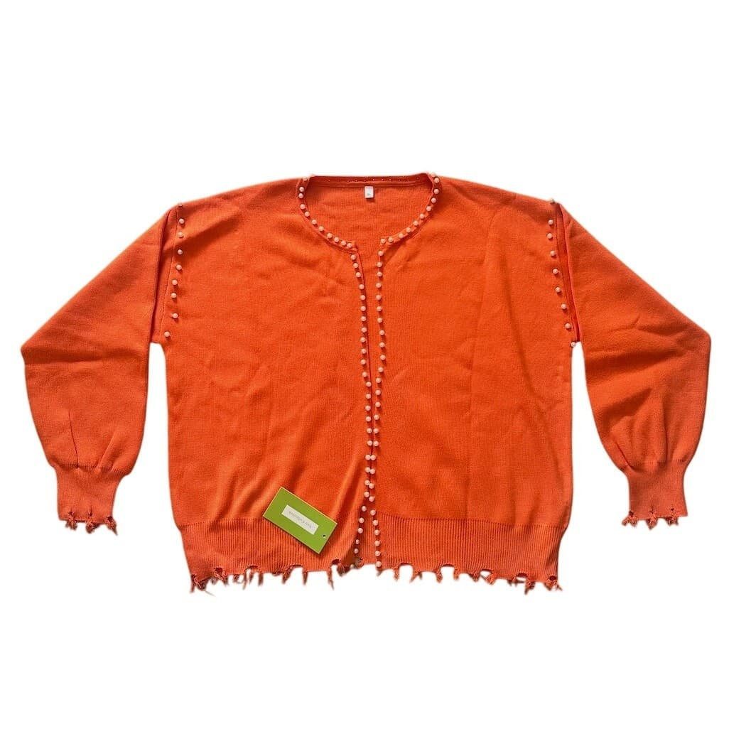 Orange Pearl Detail Trim Distressed Cardigan 100% Viscose Sweater Size XL - Thumbnail 4
