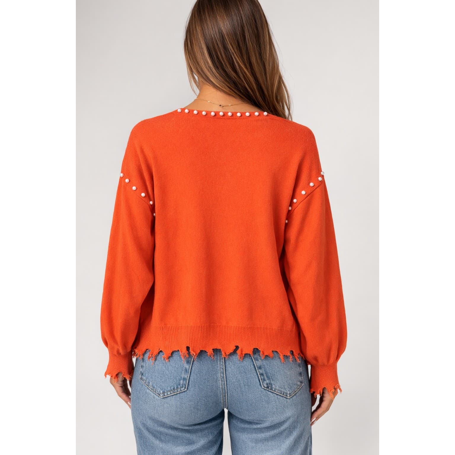 Orange Pearl Detail Trim Distressed Cardigan 100% Viscose Sweater Size XL - Thumbnail 2