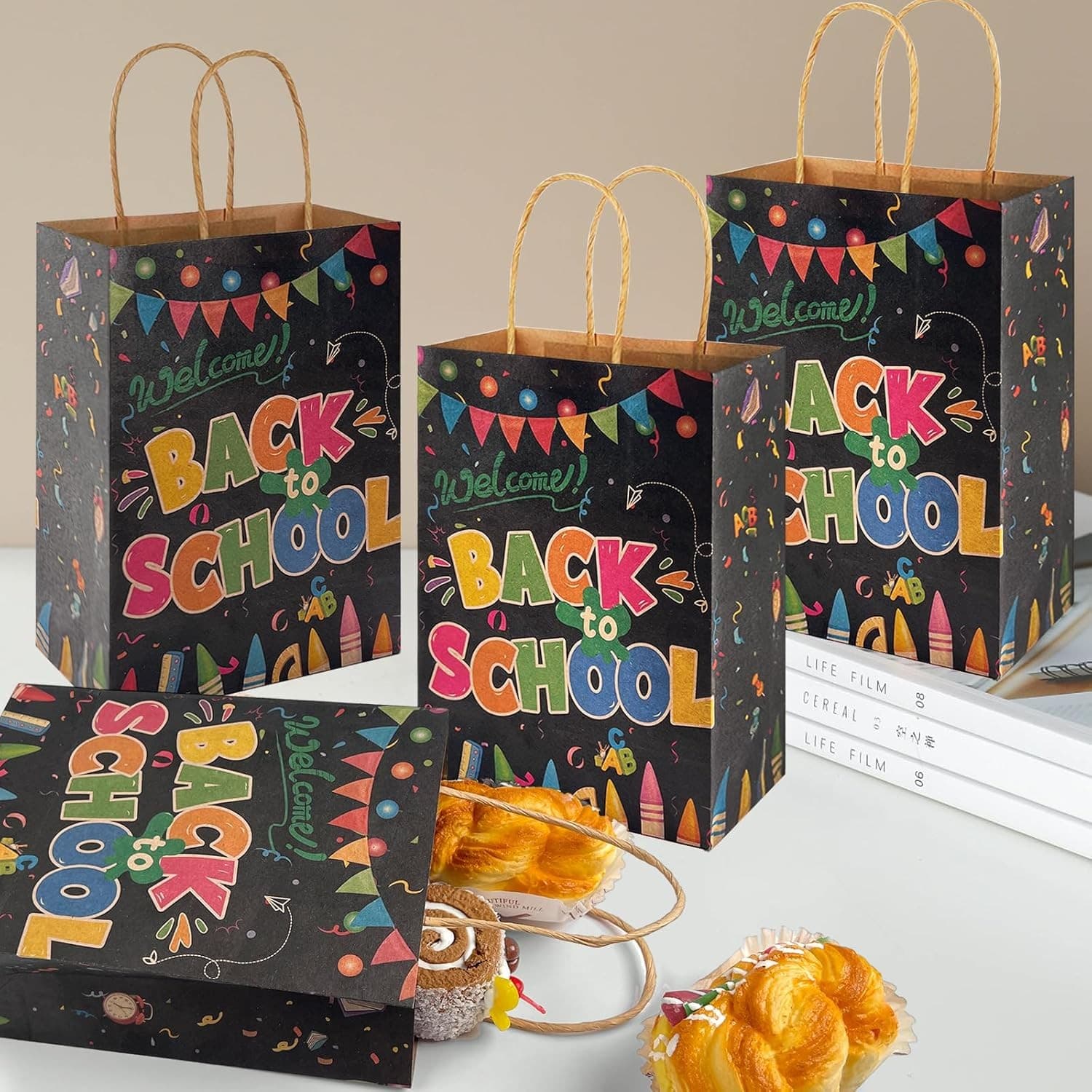 30 Back to School Gift Bags Kraft Paper Treat Bags with Handles Party Favors - Thumbnail 5