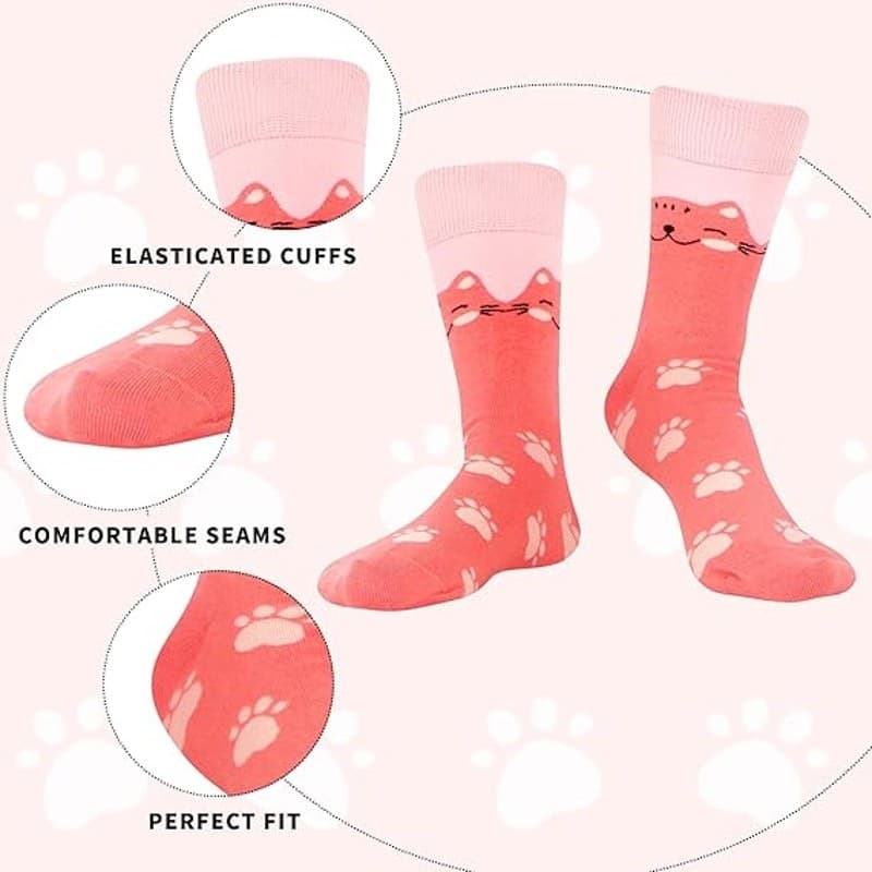 Women Cat Crew Socks 6 Pairs Cotton Cute Novelty Animal Pattern Dress Socks 5–9 - Thumbnail 3