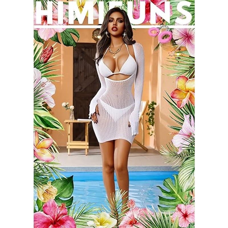 Women Fishnet Swim Cover Up Mini Dress Sheer Beach Long Sleeve White - Thumbnail 3