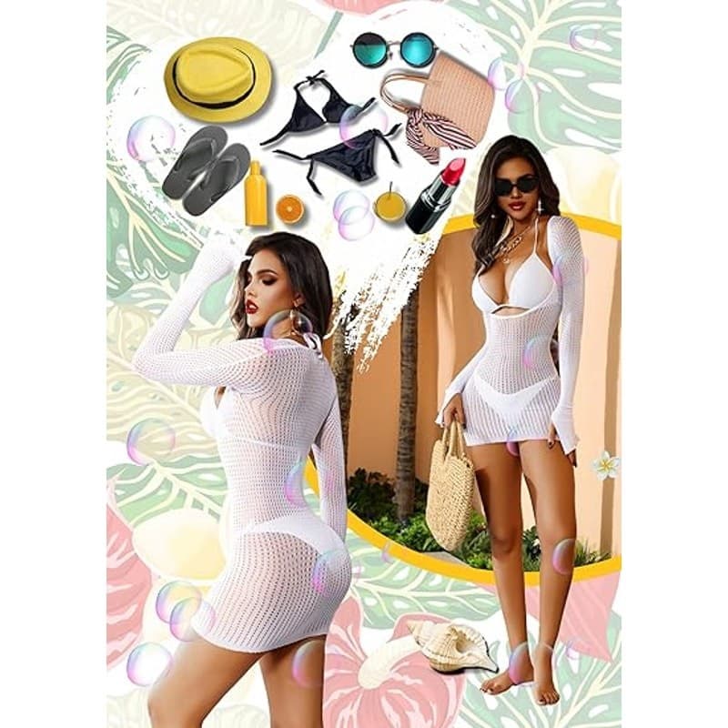 Women Fishnet Swim Cover Up Mini Dress Sheer Beach Long Sleeve White - Thumbnail 2