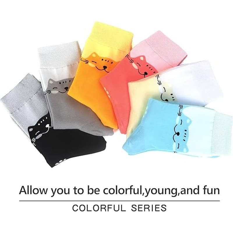 Women Cat Crew Socks 6 Pairs Cotton Cute Novelty Animal Pattern Dress Socks 5–9 - Thumbnail 5