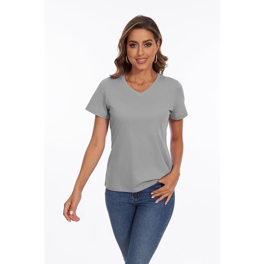 Women’s Cotton V Neck T Shirt XL Light Gray Short Sleeve Casual Basic Tee - Thumbnail 2
