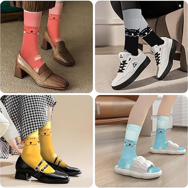 Women Cat Crew Socks 6 Pairs Cotton Cute Novelty Animal Pattern Dress Socks 5–9 - Thumbnail 6