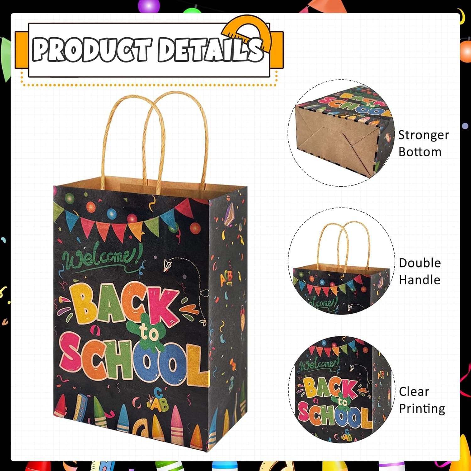 30 Back to School Gift Bags Kraft Paper Treat Bags with Handles Party Favors - Thumbnail 3
