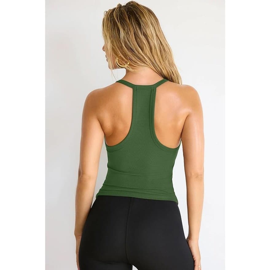 Women Ribbed V Neck Tank Top Army Green Stretch Fitted Cami Sleeveless M - Thumbnail 5