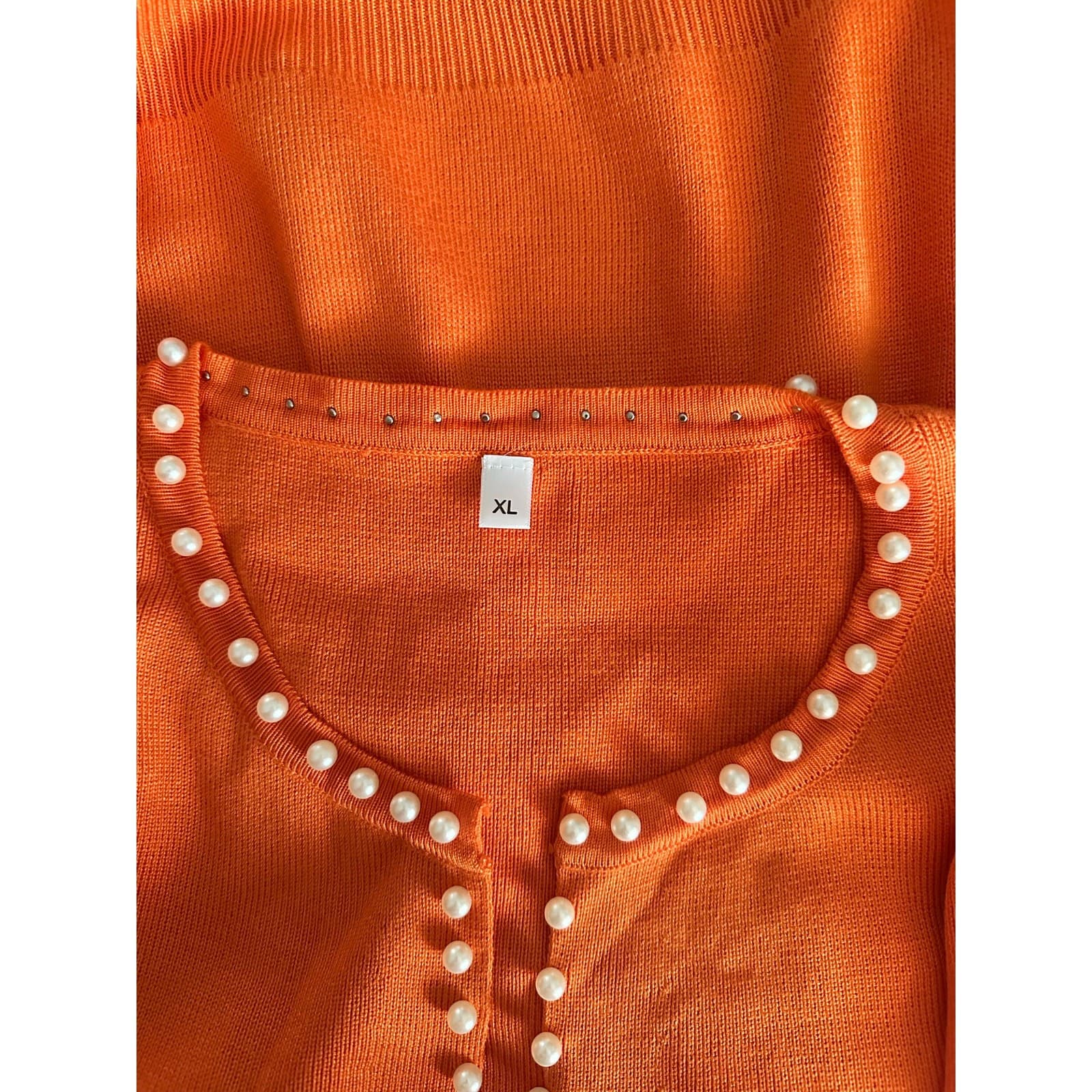 Orange Pearl Detail Trim Distressed Cardigan 100% Viscose Sweater Size XL - Thumbnail 5