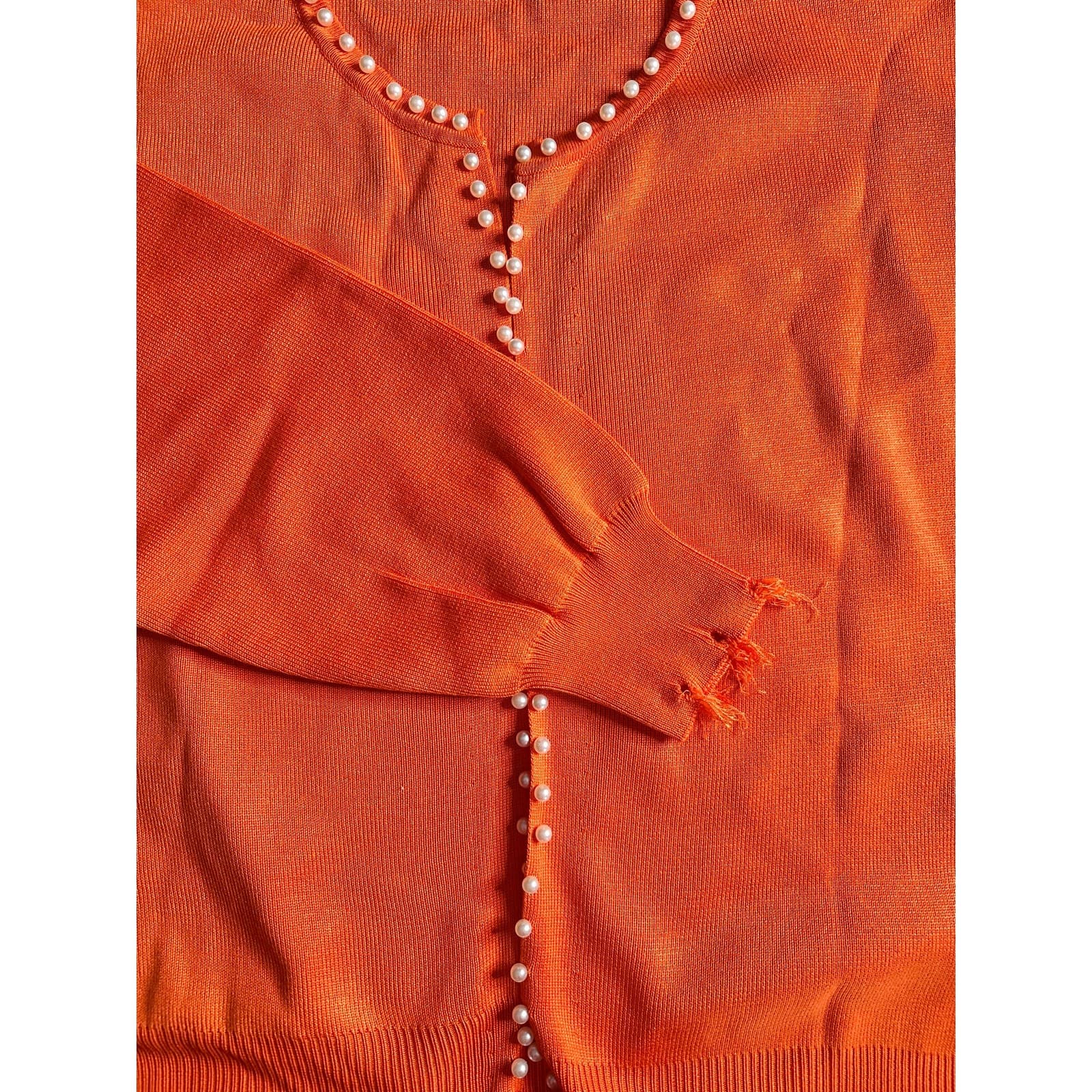 Orange Pearl Detail Trim Distressed Cardigan 100% Viscose Sweater Size XL - Thumbnail 7