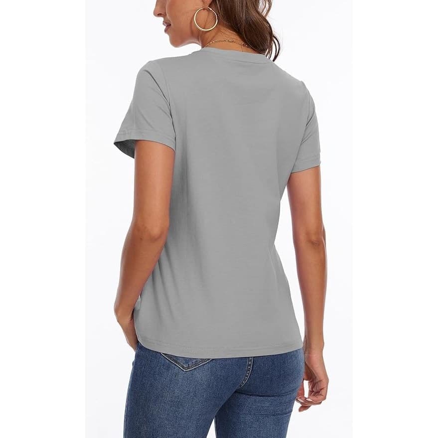 Women’s Cotton V Neck T Shirt XL Light Gray Short Sleeve Casual Basic Tee - Thumbnail 3
