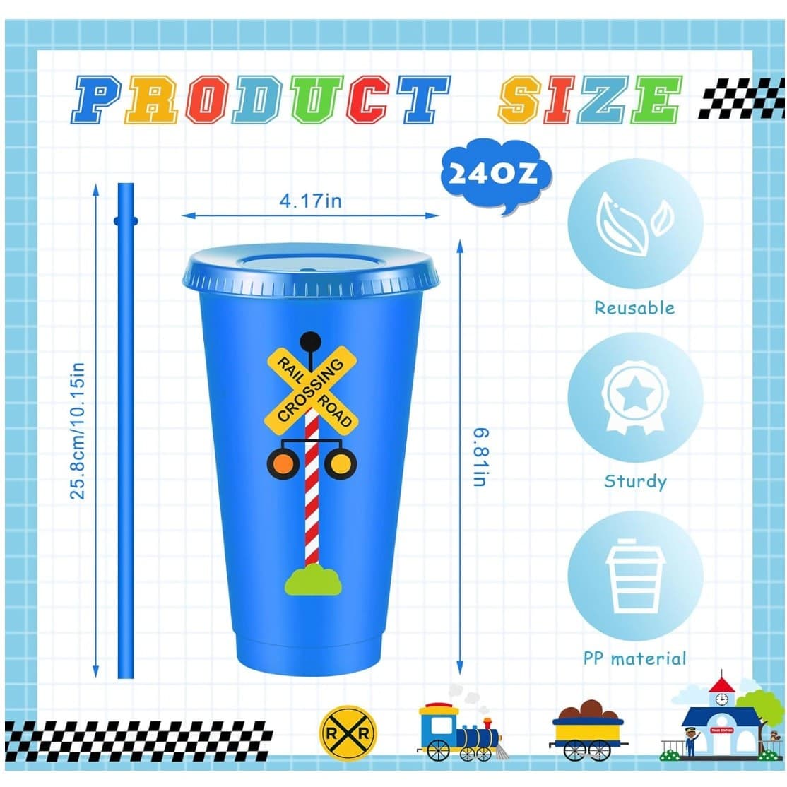 12 Train Party Cups 24oz Kids Tumbler Set w Lid Straw Reusable Plastic - Thumbnail 3
