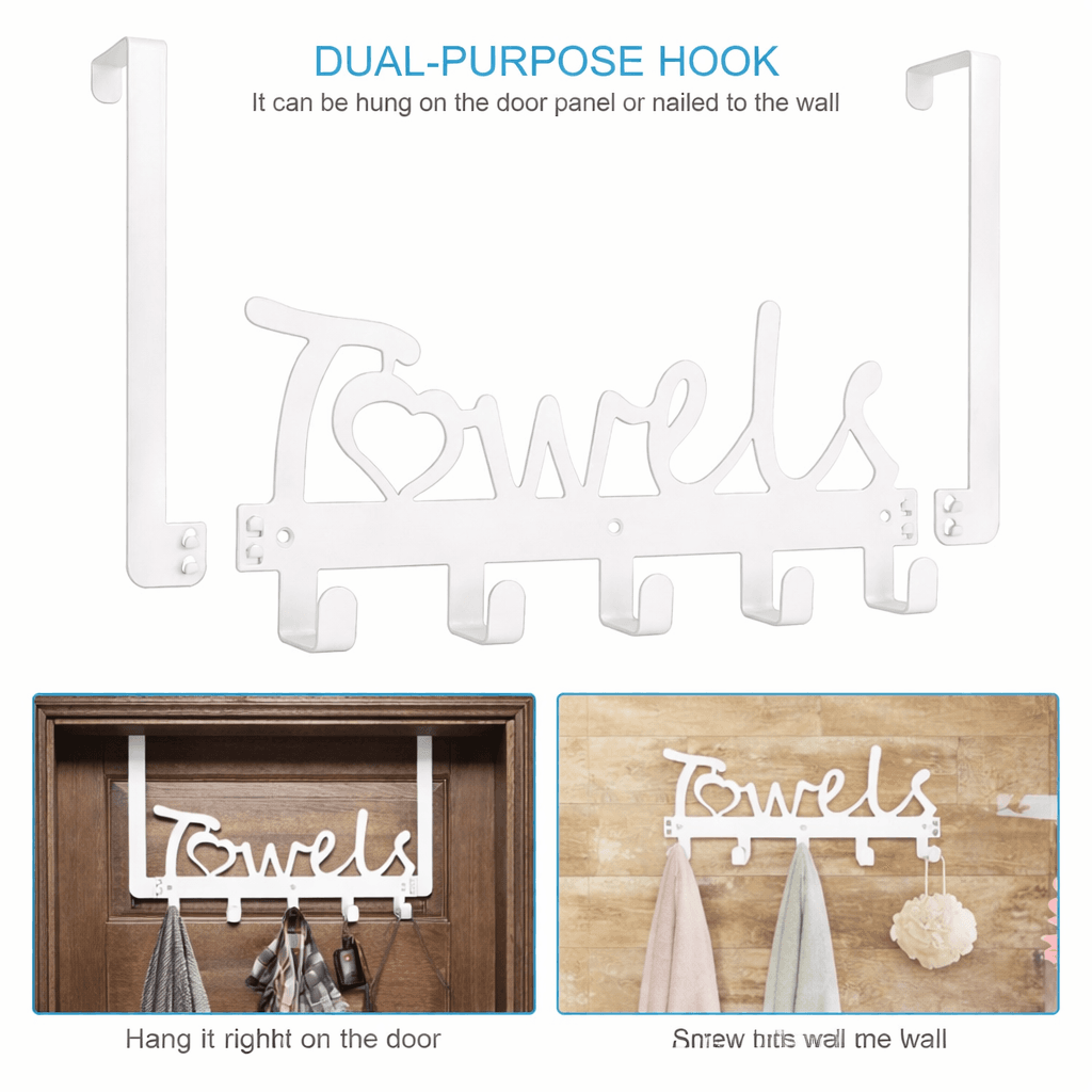 Over Door Towel Rack Metal 5 Hooks White Bathroom Organizer Hanger - Thumbnail 2
