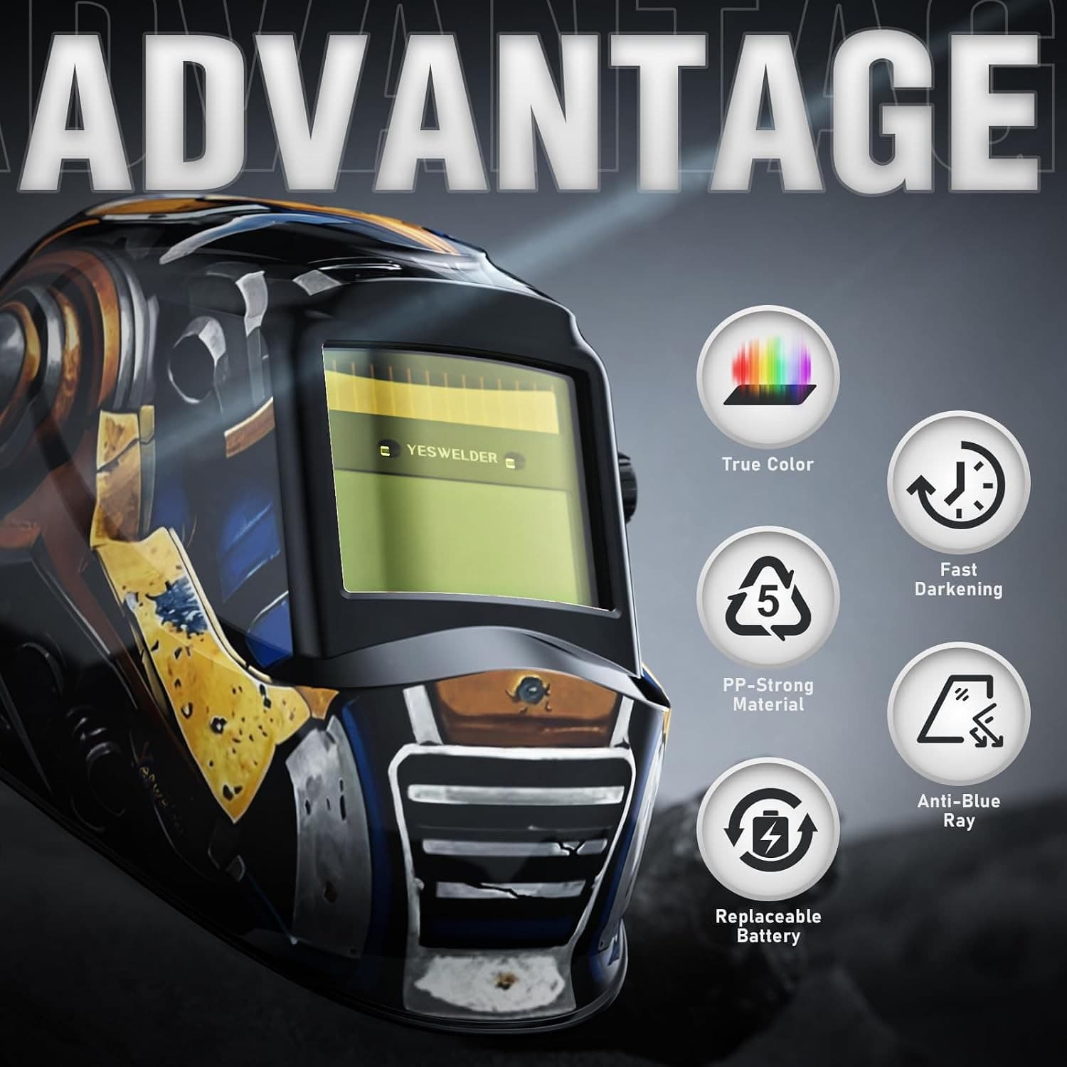 YESWELDER Auto Darkening Welding Helmet True Color Solar Powered TIG MIG ARC - Thumbnail 3