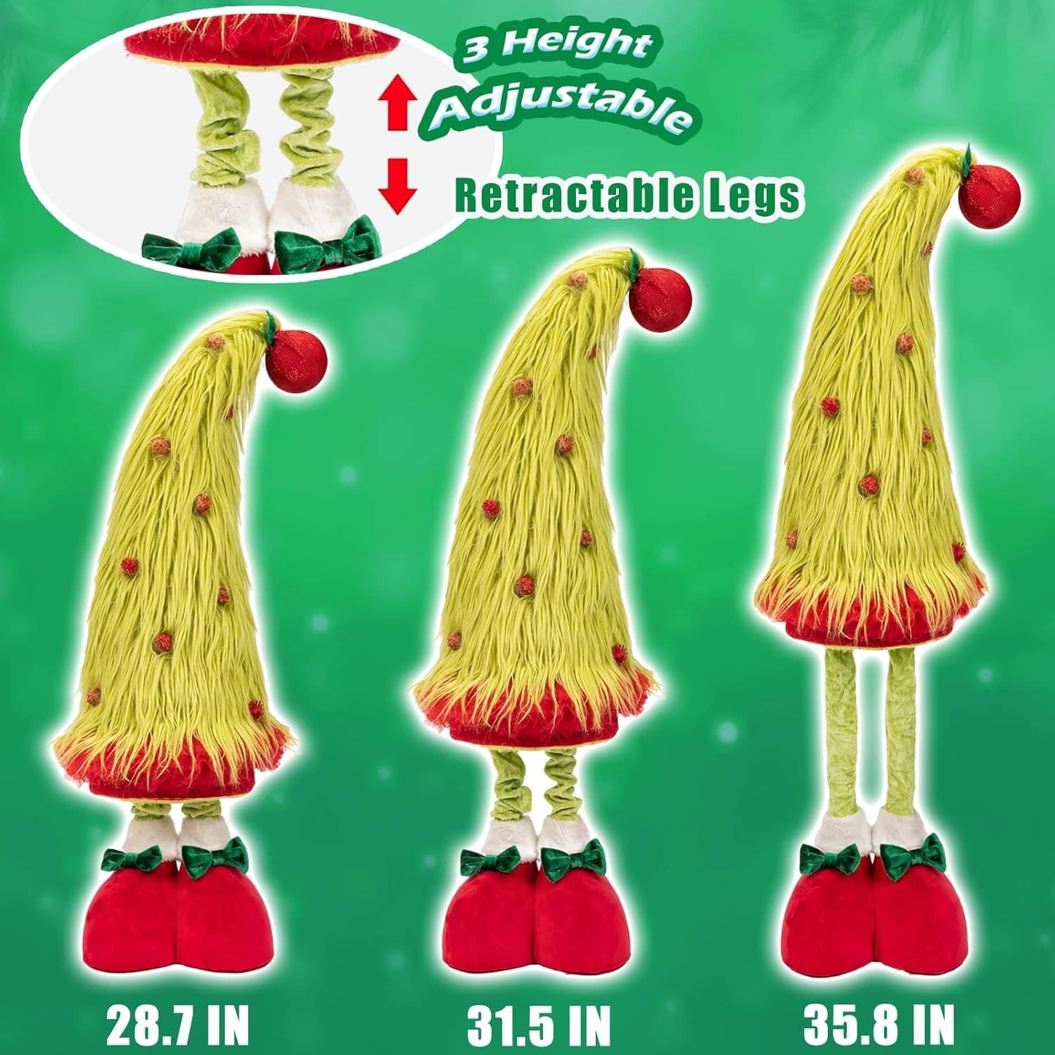 Standing Christmas Tree Gnome Plush 25–35" Adjustable Retractable Legs Decor - Thumbnail 7